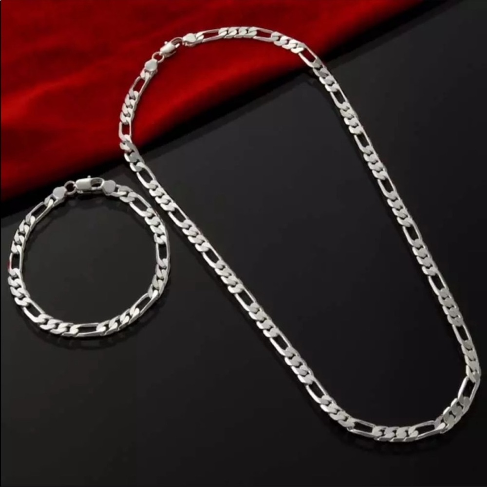 NEW MEN SILVER LINK CUBAN NECKLACE & BRACELET